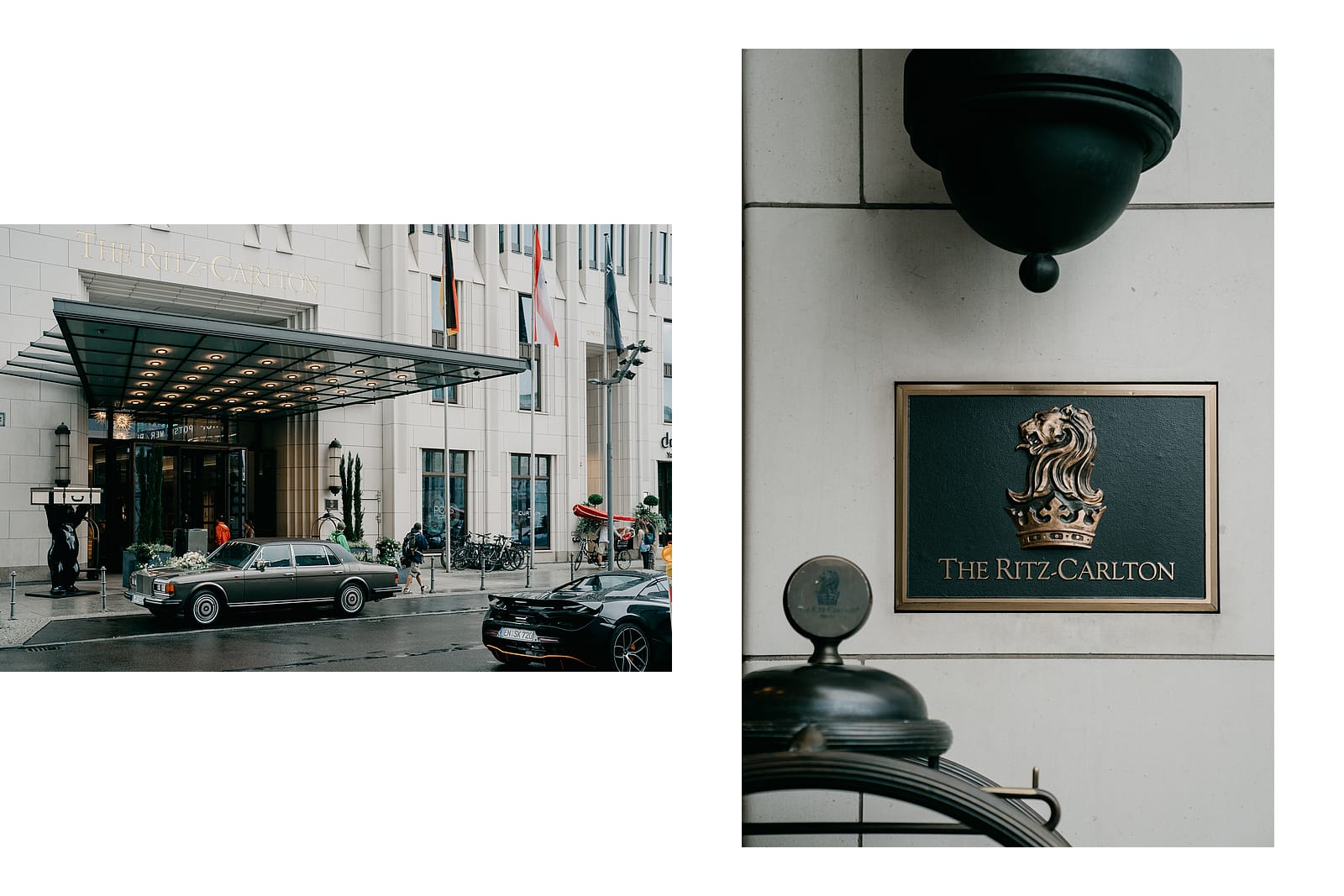 Das Hochzeitsauto vor dem Eingang des Ritz-Carlton Berlin und eine Nahaufnahme des Hotelschilds.