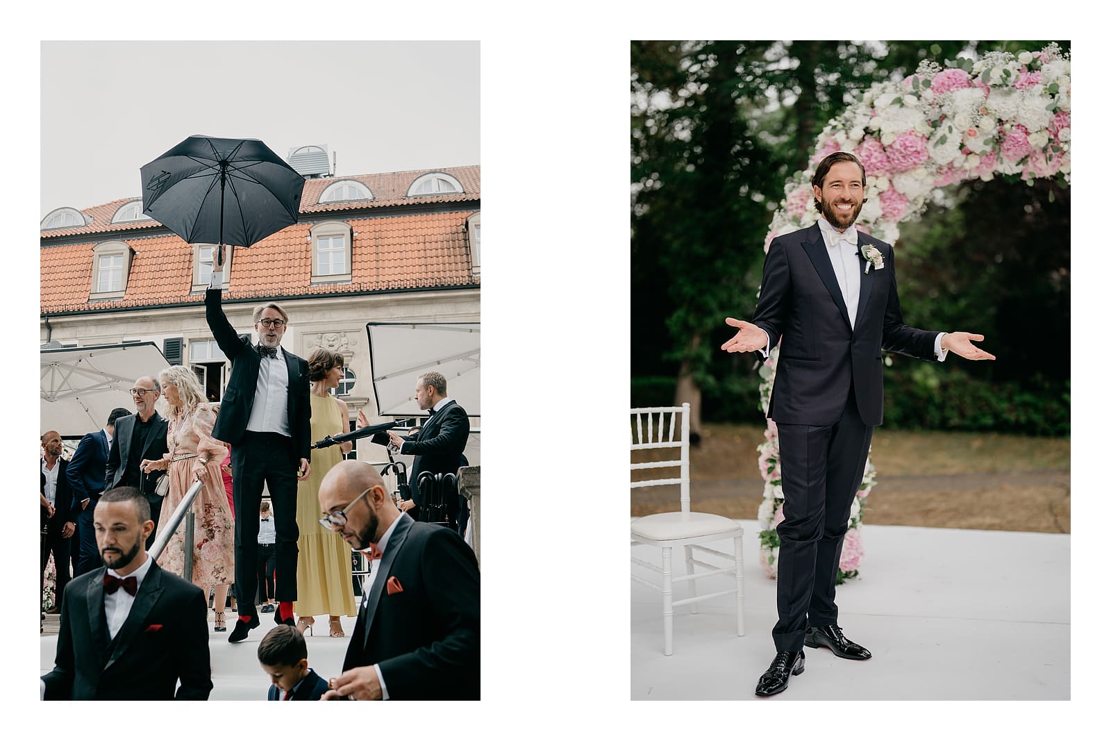Ein Gast hält einen geöffneten Regenschirm hoch; der Bräutigam steht lächelnd mit ausgebreiteten Händen vor dem Blumenbogen.