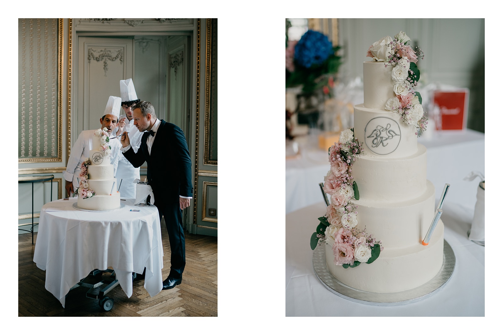 Die mehrstöckige Hochzeitstorte wird auf einem Rolltisch hereingebracht; eine Nahaufnahme zeigt ihren rosa-weißen Blumenschmuck.