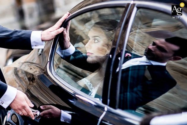 Bride in car